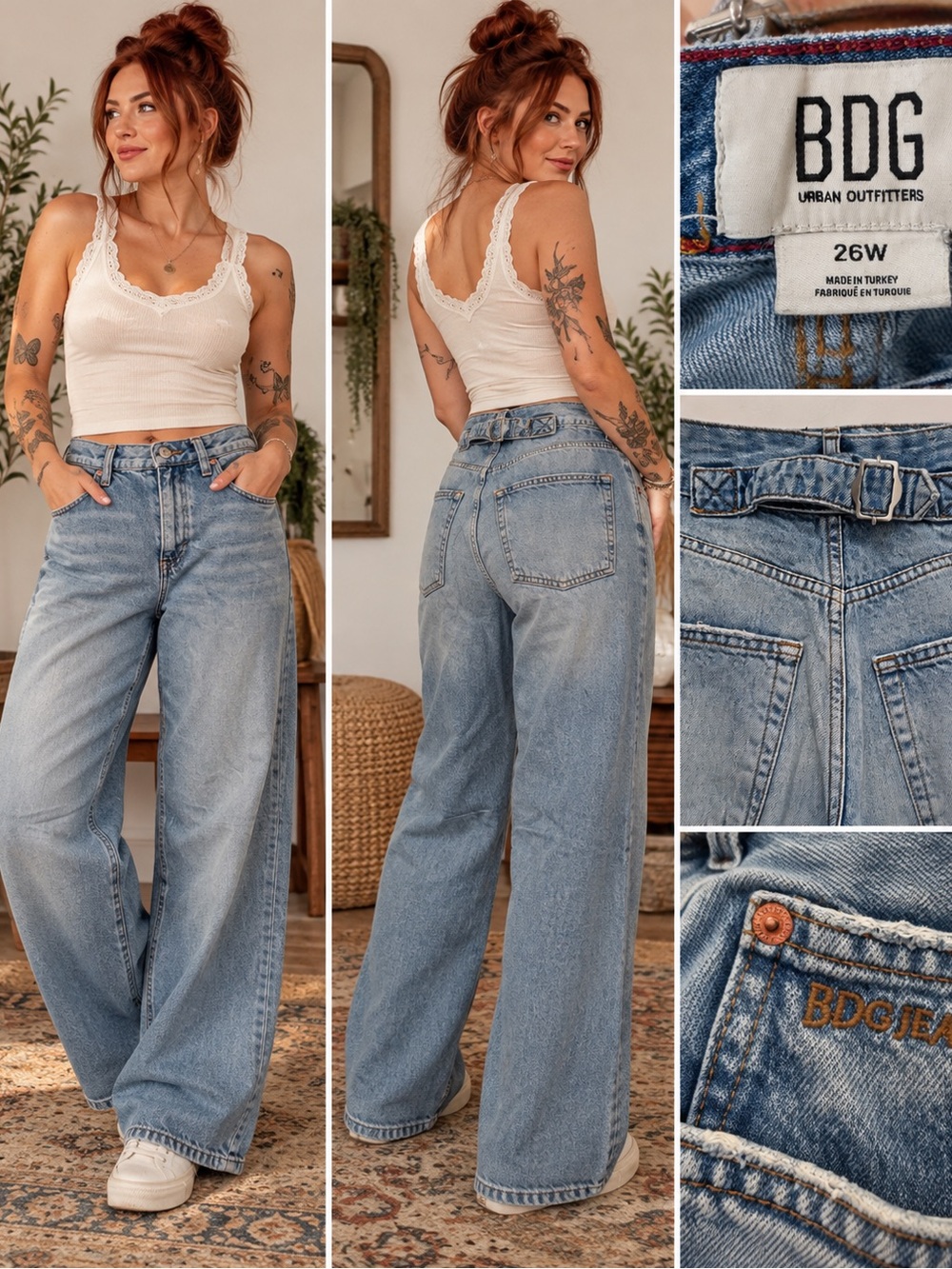 BDG Urban Outfitters 26W Light Wash Wide Leg Jeans Adjustable Back Y2K